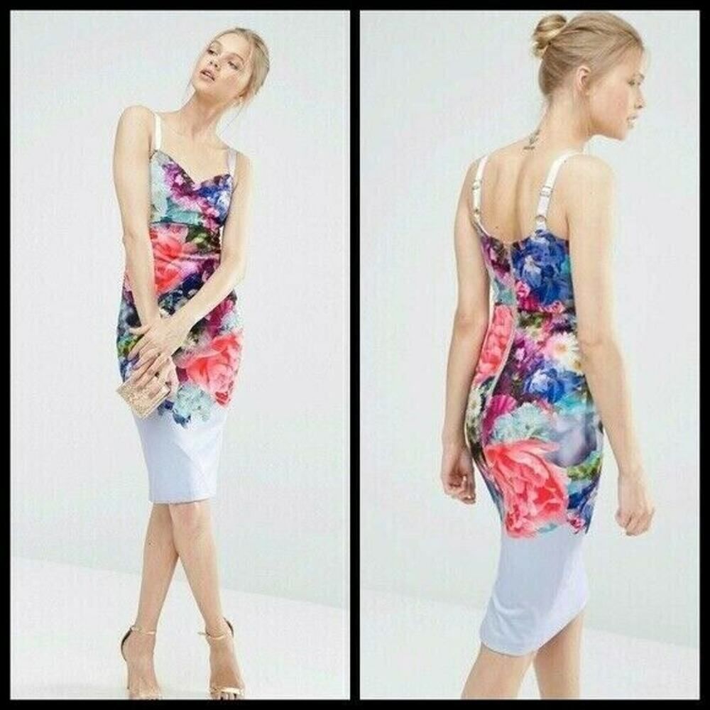 $279 TED BAKER Emore Floral Bouquet Bodycon Midi Dress Designer Summer Blue 2